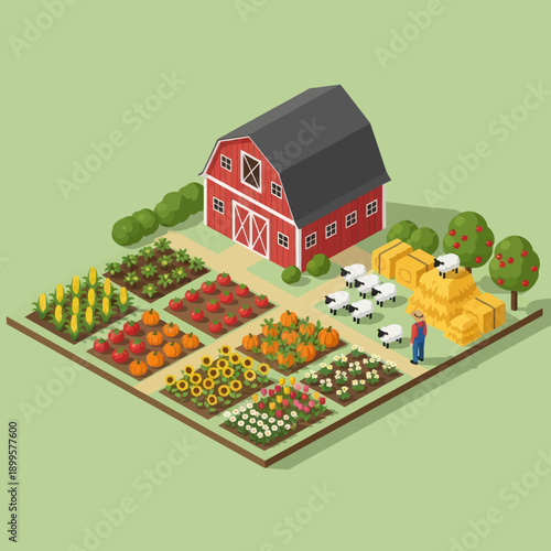 Red Barn Farm Landscape with Crops.