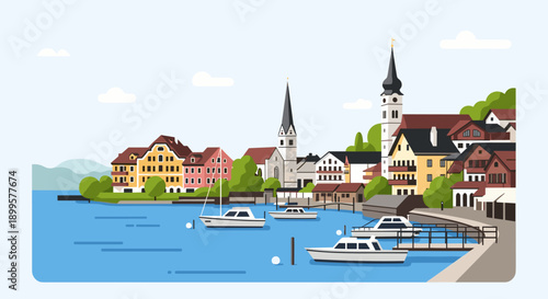 Picturesque harbor town with charming colorful houses and boats in a calm waterside setting