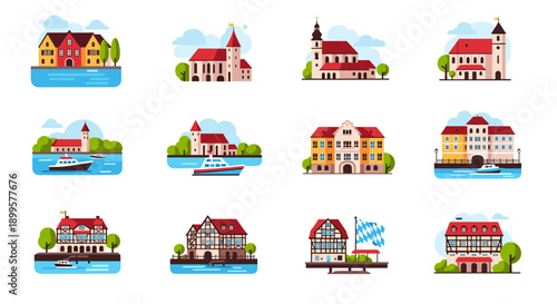 Charming european towns with castles, boats, and traditional houses