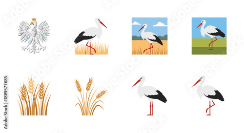 Elegant stork and wheat symbols with polish eagle emblem in flat design