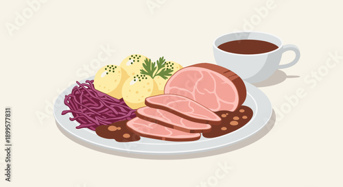 Delicious plate with roast pork, potatoes, red cabbage, and gravy in flat style