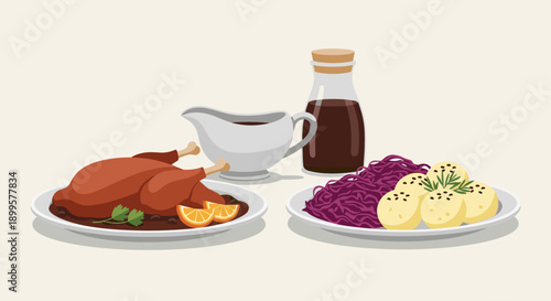 Festive roast dinner with chicken, red cabbage, and potatoes on white plates