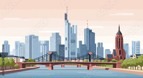 Modern cityscape with bridge and riverside architecture in flat design