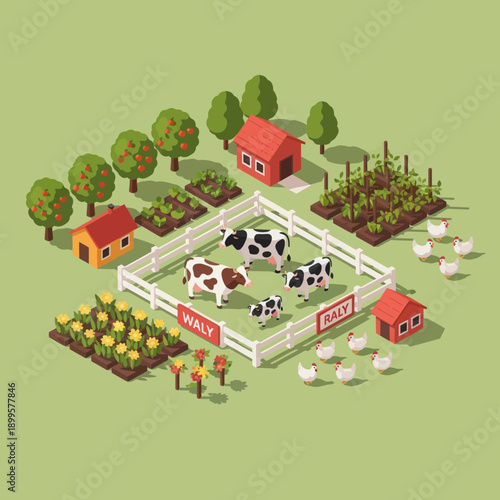 Isometric Farm Scene with Cows and Chickens.