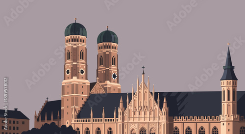 Iconic twin-towered historic cathedral skyline in modern minimalist design