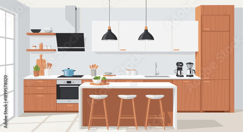 Modern minimalist kitchen design with wooden cabinets and pendant lights