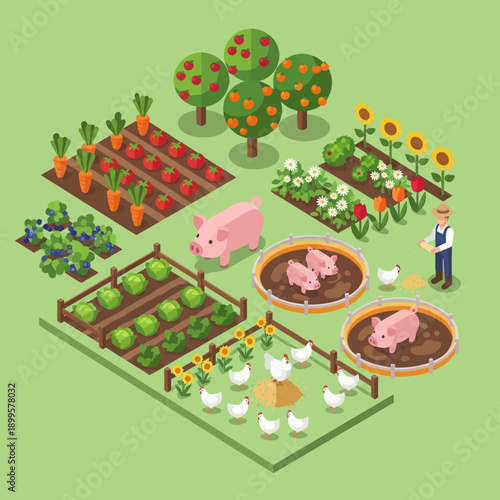 Farm with Pigs Vegetables and Chickens.