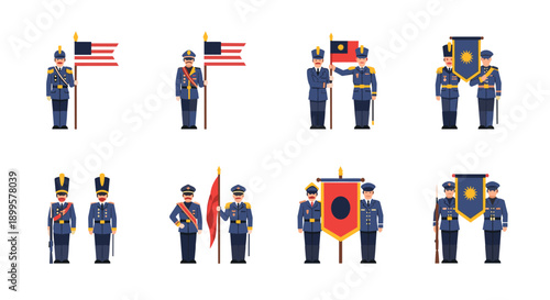 Flat design military officers with flags and banners in uniforms