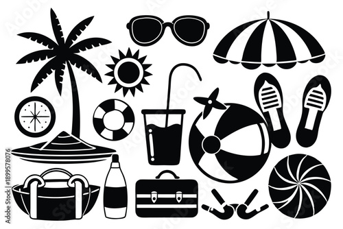 set of summer holiday beach elements silhouette line art vector illustration