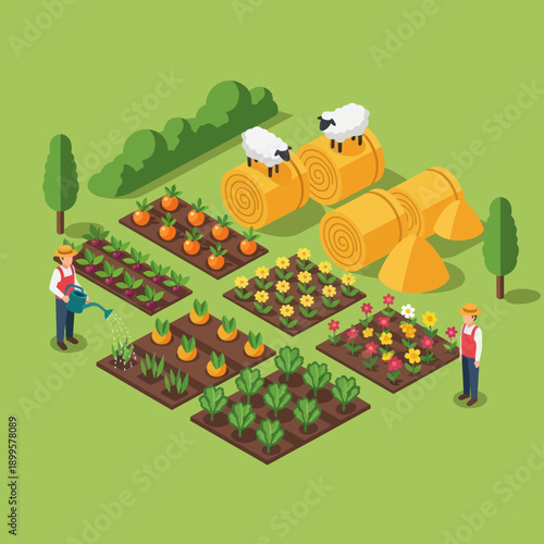 Farmers working in a vegetable garden.