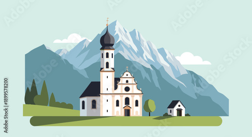 Scenic mountain church with majestic peaks in flat design style