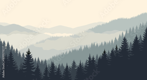 Serene mountain landscape with misty pine forest in calm pastel tones