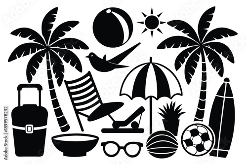 set of summer holiday beach elements silhouette line art vector illustration