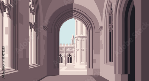 Elegant architectural passage with gothic arches and sunlight