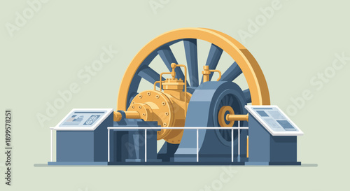 Flat industrial machine with large gear wheel and control panels