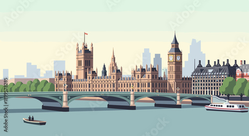 London cityscape with big ben and river thames in flat design