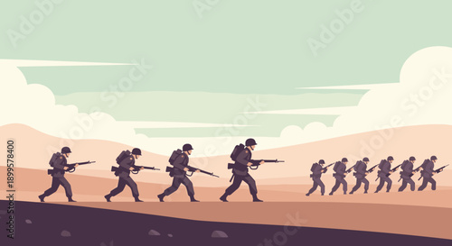 Military troops marching in desert landscape with vintage flat design
