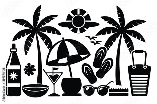 set of summer holiday beach elements silhouette line art vector illustration