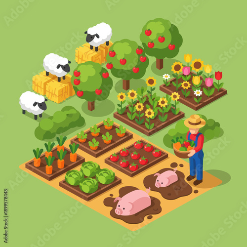 Farmer Tending Crops and Animals Illustration.