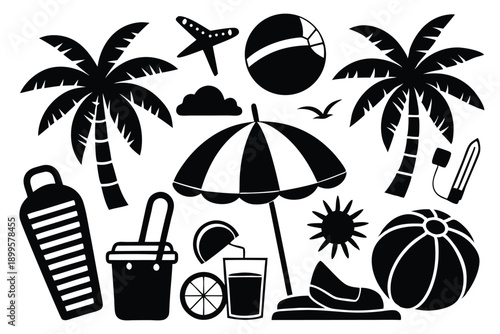 set of summer holiday beach elements silhouette line art vector illustration