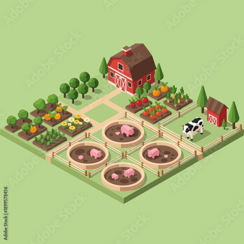 Isometric Farm Scene with Animals and Crops.
