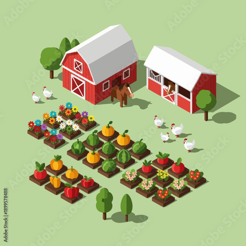 Farm Barns and Vegetable Garden Illustration.