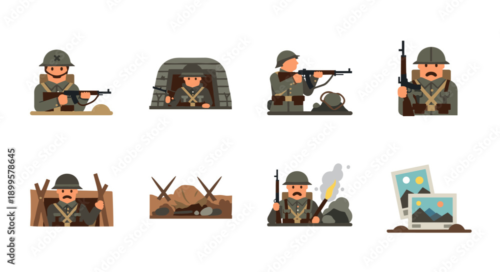 Obraz premium World war soldiers: flat style icons depicting historic military scenes and equipment