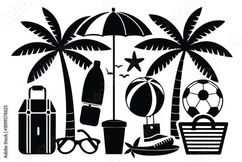 set of summer holiday beach elements silhouette line art vector illustration