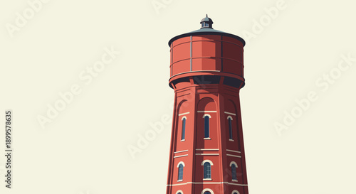 Red water tower against a minimalist sky with vintage architectural design