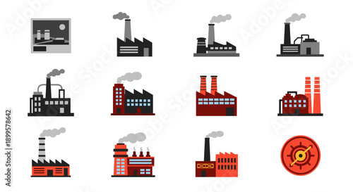 Industrial factory icons set: flat design with chimneys and smoke