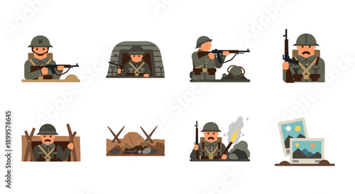 World war soldiers: flat style icons depicting historic military scenes and equipment