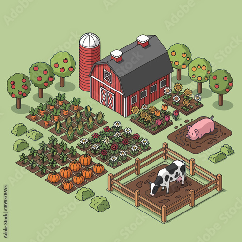 Isometric Farm Scene with Barn and Livestock.