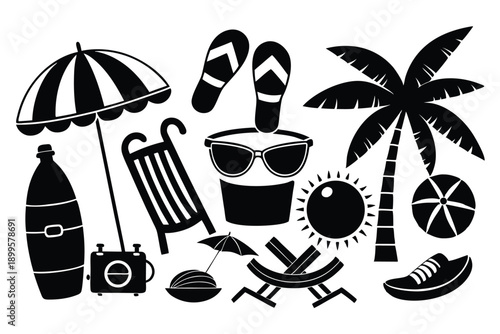 set of summer holiday beach elements silhouette line art vector illustration