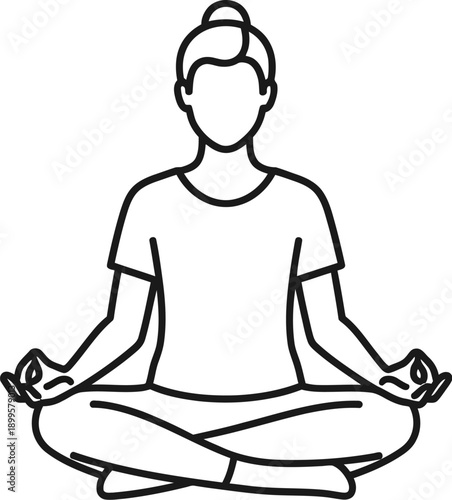 Simple black and white line art icon depicting a person sitting calmly in the traditional lotus yoga meditation posture for mindfulness and inner peace
