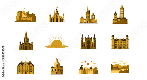 Iconic castle and cathedral landmarks in flat design