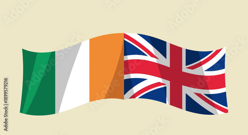 Waving irish and uk flags side by side with soft shadow