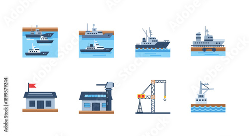 Flat nautical elements featuring ships, boats, and harbor equipment