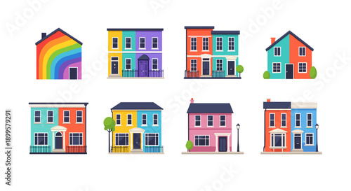 Colorful flat style houses with rainbow accents