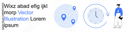 Navigation, business analytics, time management, remote work, professional planning, scheduling concepts. Map with location markers, clock and individual holding documents. Navigation and business