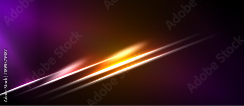 Abstract background features vibrant orange, purple lines. Light streaks create dynamic visual effect, dark areas contrast bright illumination.