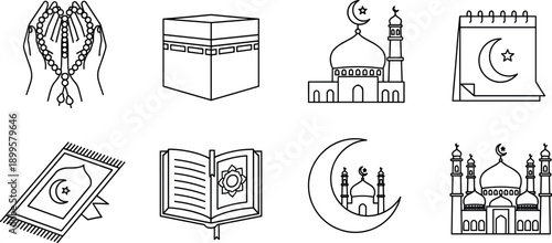 Islamic religion line icon set with Kaaba, mosque, Quran, prayer beads, crescent moon and Ramadan symbols vector illustration