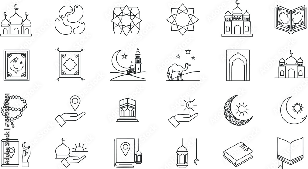Fototapeta premium Islamic religion line icon set with mosque, Quran, prayer, crescent moon, camel and geometric symbols vector illustration