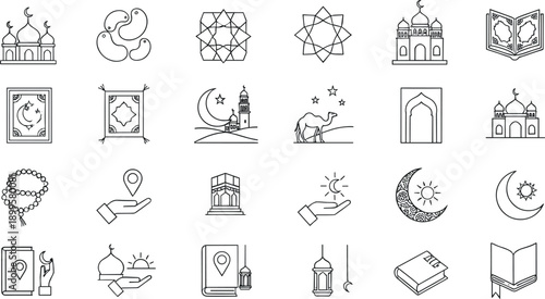 Islamic religion line icon set with mosque, Quran, prayer, crescent moon, camel and geometric symbols vector illustration