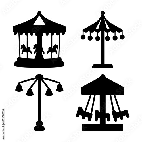 A collection of amusement park rides and fairground attraction black silhouettes