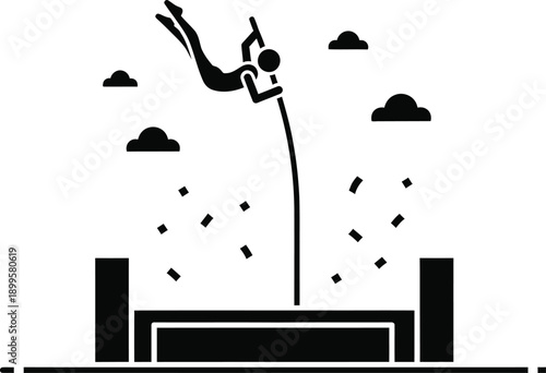 Athlete performing a dynamic pole vault under cloudy skies