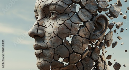 Cracked and crumbling human face sculpture disintegrating into pieces on blue background, representing mental breakdown and fragility of human mind