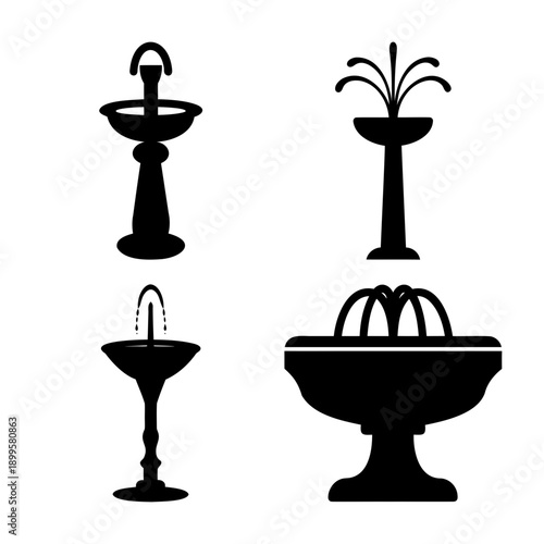 Collection of elegant fountain silhouettes illustrating various water feature designs