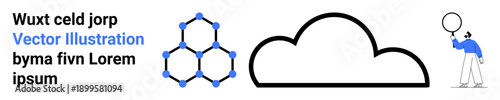 Linked hexagonal network, cloud shape, text elements, and individual with balloon. Ideal for technology, cloud computing, innovation, networking, connectivity creativity simple landing page
