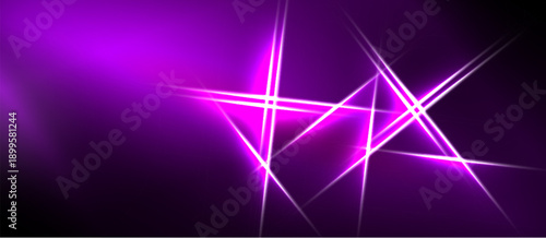 Abstract purple background features bright neon lines intersecting. Dynamic composition creates energetic visual effect. Dark areas contrast vivid illumination.