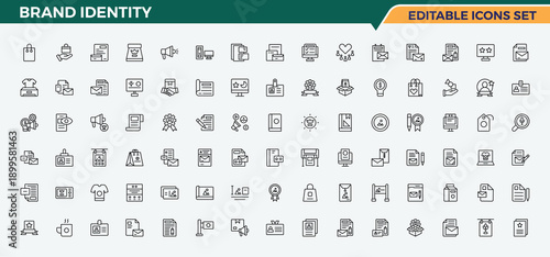 Brand Identity vector line icon set. Thin linear style icons. Contains related to branding, strategy, company, customer. Vector illustration. Pixel perfect. Brand icon set in linear style.